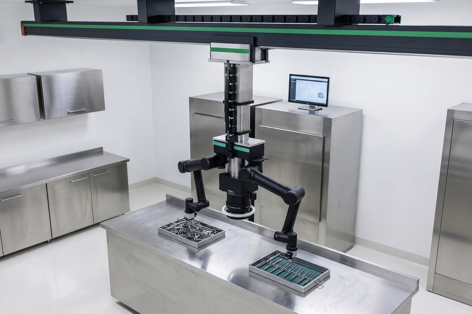 Rendering of an Octavian robotic workstation for the sterile processing department: two robot arms hang from an overhead gantry beside an inspection camera, moving surgical instruments from a loose tray to an organized tray on a stainless steel bench.